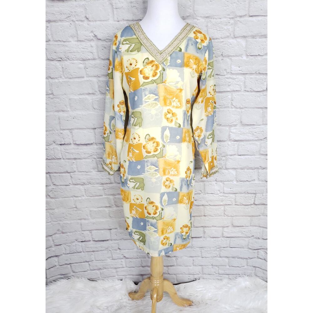 VTG Handmade Yellow Orange Floral Print Dress Long Sleeve  Metallic Trim  Sz S